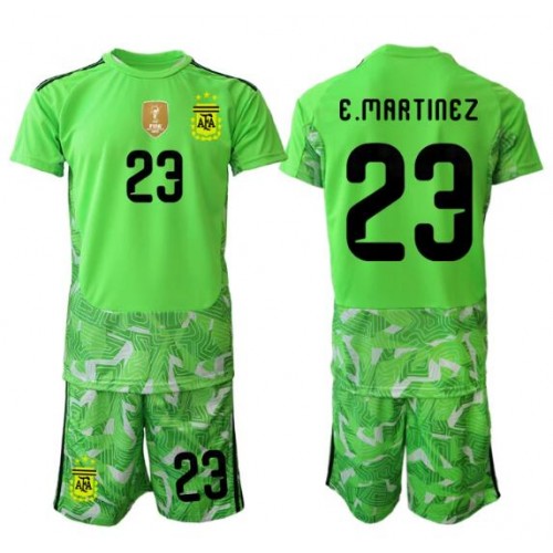 Stroje piłkarskie Argentyna Emiliano Martinez #23 Bramkarskie Koszulka Wyjazdowej dla dzieci MŚ 2026 Krótki Rękaw (+ szorty)